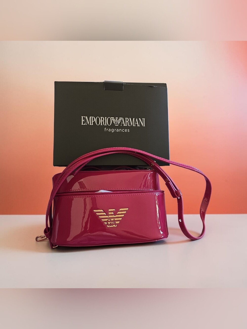 NWT Emporio Armani Fragrances Hot Pink Patent Crossbody Bag with Gold Logo